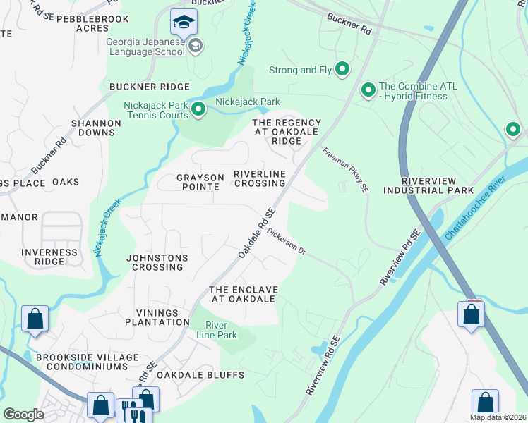 map of restaurants, bars, coffee shops, grocery stores, and more near 5855 Oakdale Road Southeast in Mableton
