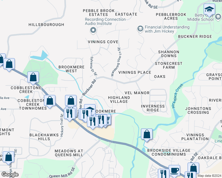 map of restaurants, bars, coffee shops, grocery stores, and more near 1043 Highland Village Trail in Mableton