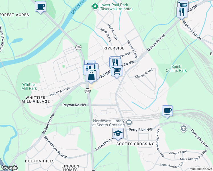 map of restaurants, bars, coffee shops, grocery stores, and more near 2624 Church Street Northwest in Atlanta