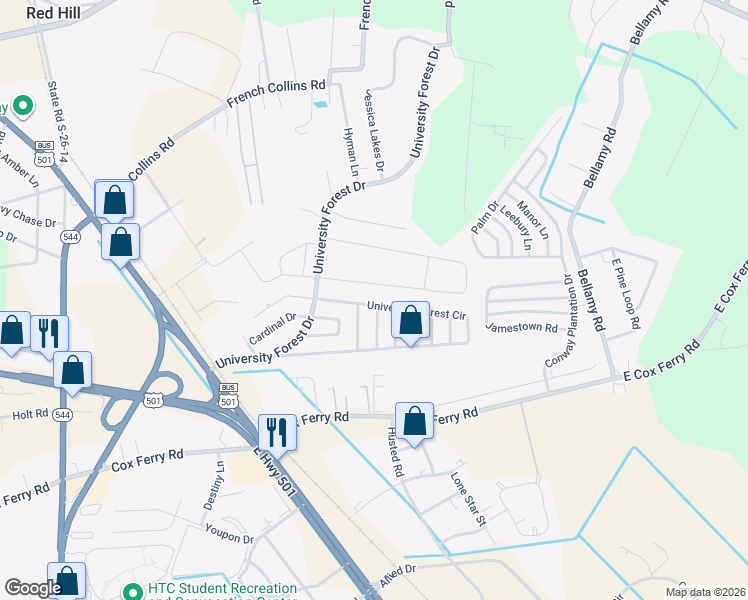 map of restaurants, bars, coffee shops, grocery stores, and more near 785 University Forest Circle in Conway