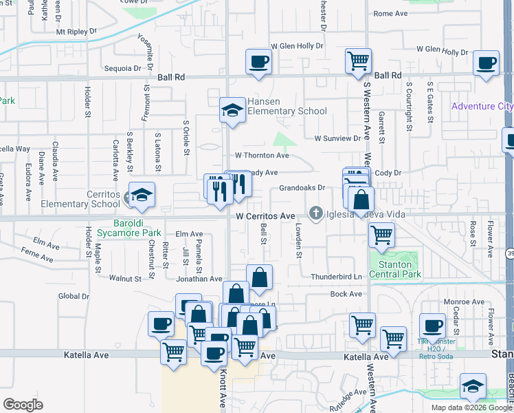map of restaurants, bars, coffee shops, grocery stores, and more near 7085 Cerritos Avenue in Stanton