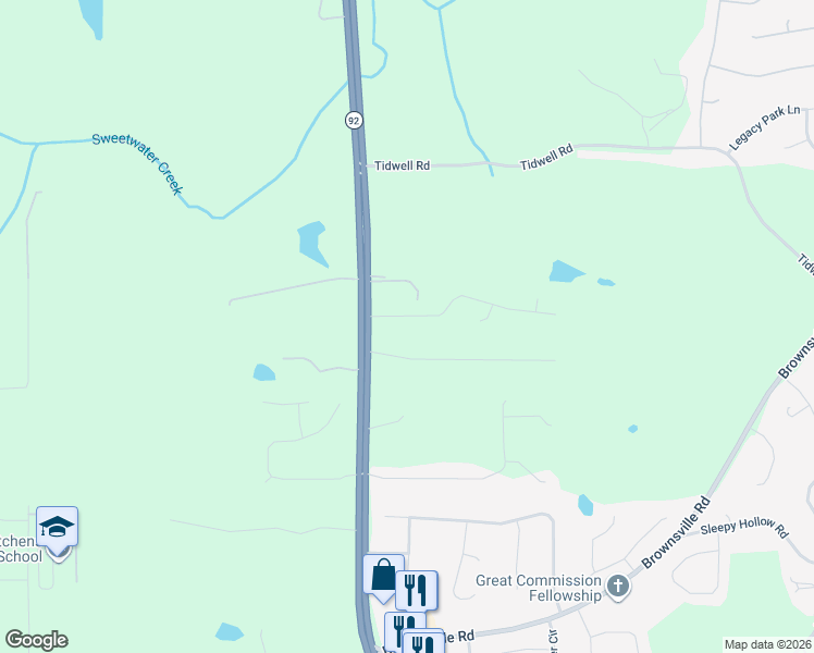 map of restaurants, bars, coffee shops, grocery stores, and more near 92 Indian Creek Drive in Powder Springs