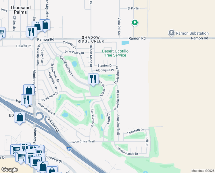 map of restaurants, bars, coffee shops, grocery stores, and more near 73633 Broadmoor Drive in Thousand Palms
