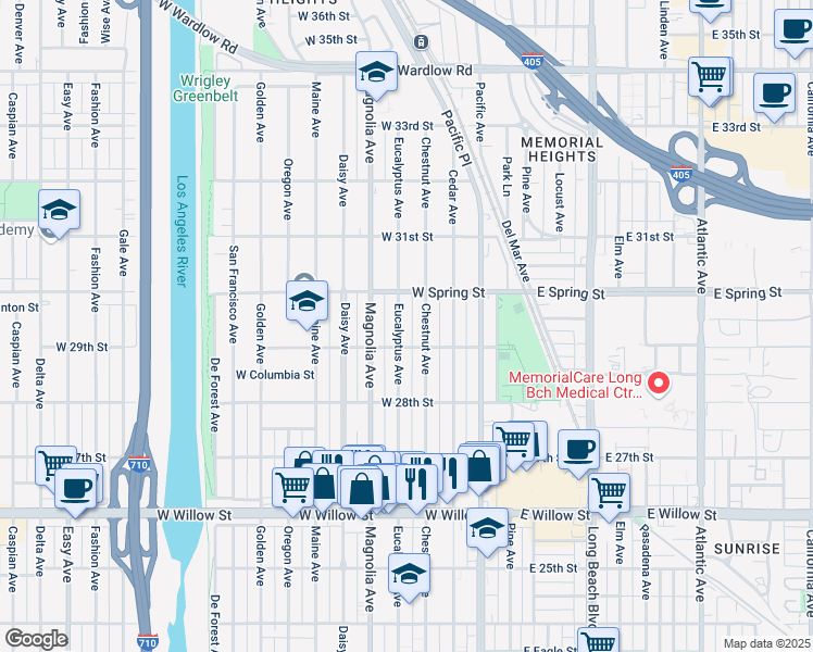 map of restaurants, bars, coffee shops, grocery stores, and more near 2901 Eucalyptus Avenue in Long Beach