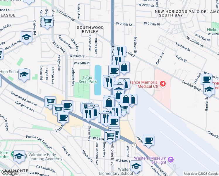 map of restaurants, bars, coffee shops, grocery stores, and more near in Torrance
