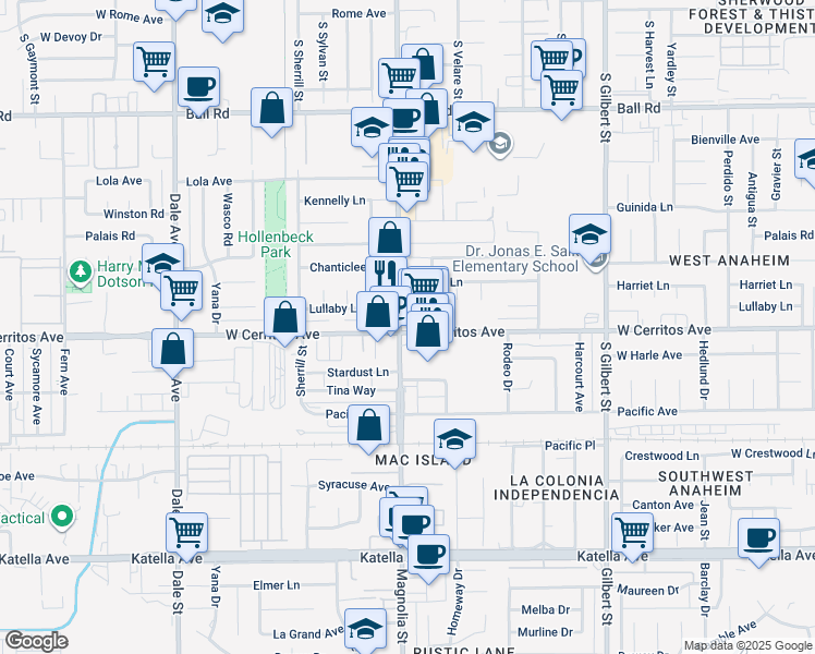 map of restaurants, bars, coffee shops, grocery stores, and more near 10460 Magnolia Avenue in Anaheim