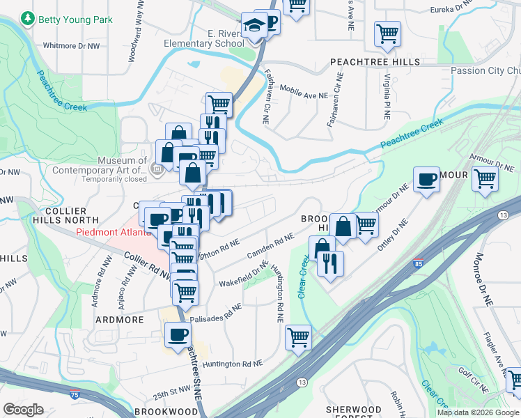 map of restaurants, bars, coffee shops, grocery stores, and more near 2035 Peachtree Street Northeast in Atlanta