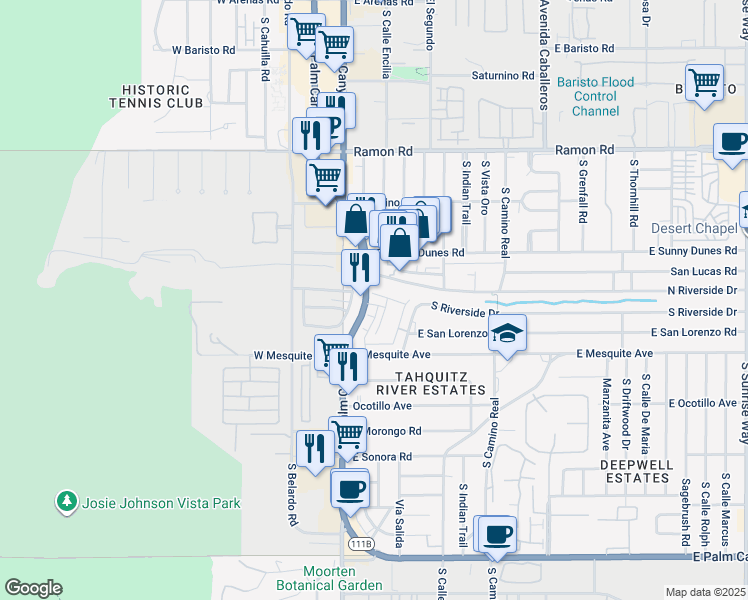 map of restaurants, bars, coffee shops, grocery stores, and more near 122 Cameron Center Drive in Palm Springs