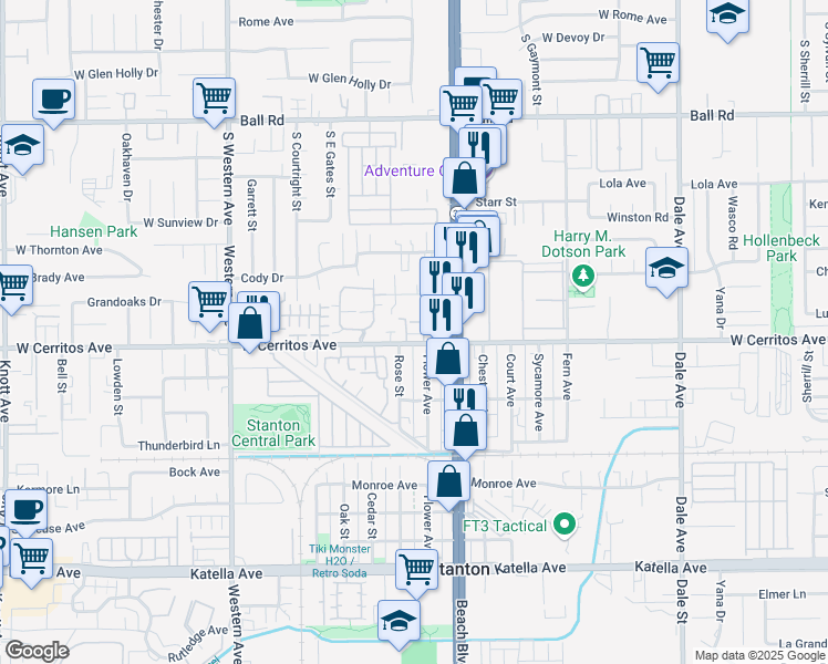 map of restaurants, bars, coffee shops, grocery stores, and more near 7877 Cerritos Avenue in Stanton