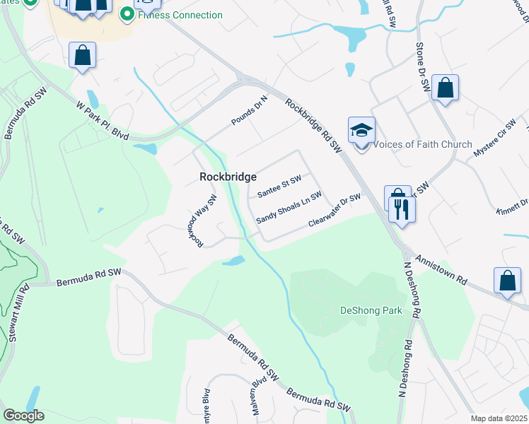 map of restaurants, bars, coffee shops, grocery stores, and more near 5293 Sandy Shoals Lane Southwest in Stone Mountain
