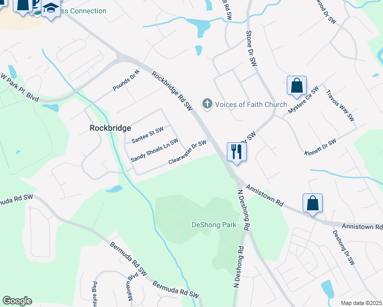 map of restaurants, bars, coffee shops, grocery stores, and more near 5152 Clearwater Drive Southwest in Stone Mountain