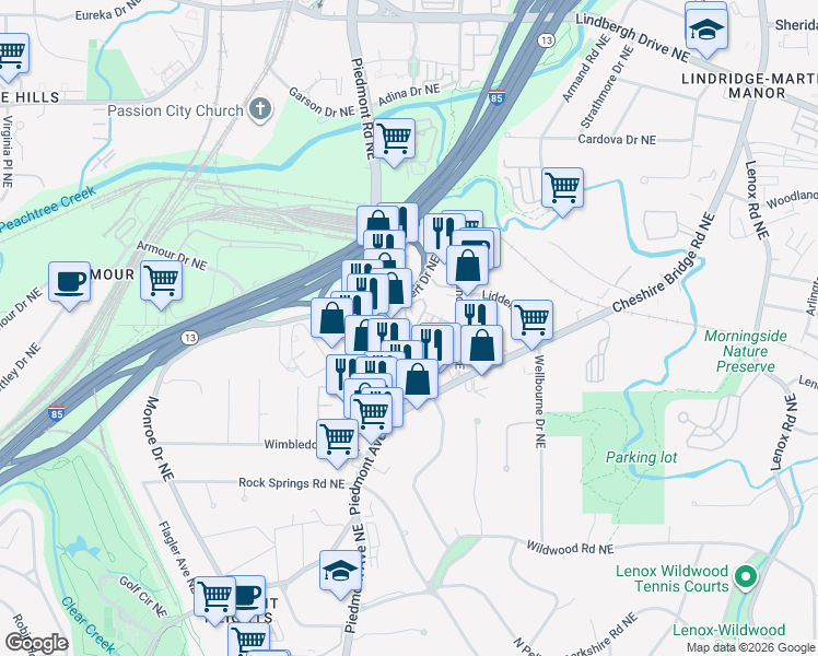 map of restaurants, bars, coffee shops, grocery stores, and more near 1907B Piedmont Road Northeast in Atlanta