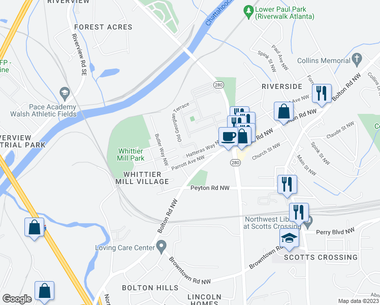 map of restaurants, bars, coffee shops, grocery stores, and more near 2040 Hatteras Way Northwest in Atlanta