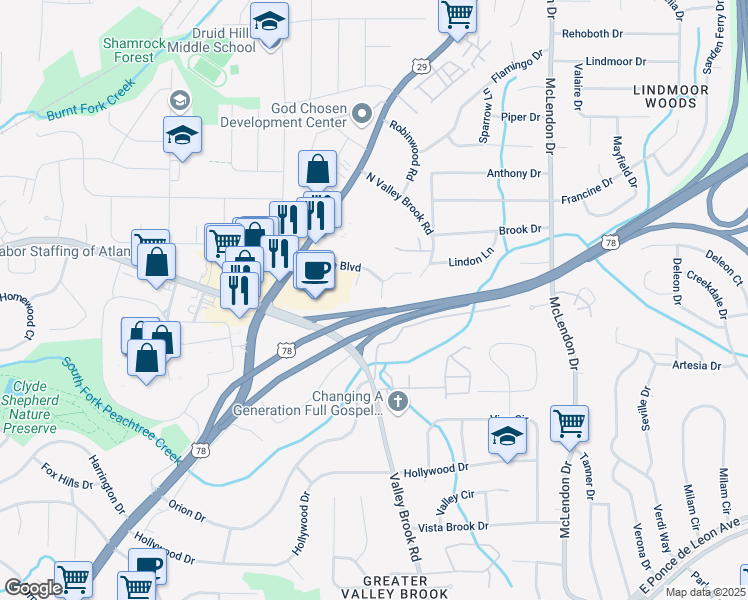 map of restaurants, bars, coffee shops, grocery stores, and more near 2005 Brian Way in Decatur