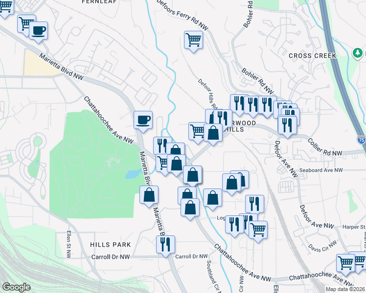 map of restaurants, bars, coffee shops, grocery stores, and more near 1391 Collier Road Northwest in Atlanta