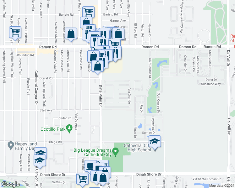 map of restaurants, bars, coffee shops, grocery stores, and more near 1211 Vía Yolo in Cathedral City