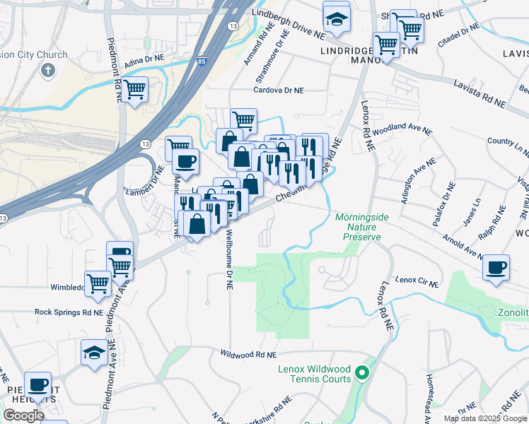 map of restaurants, bars, coffee shops, grocery stores, and more near 1989 Cheshire Bridge Road Northeast in Atlanta
