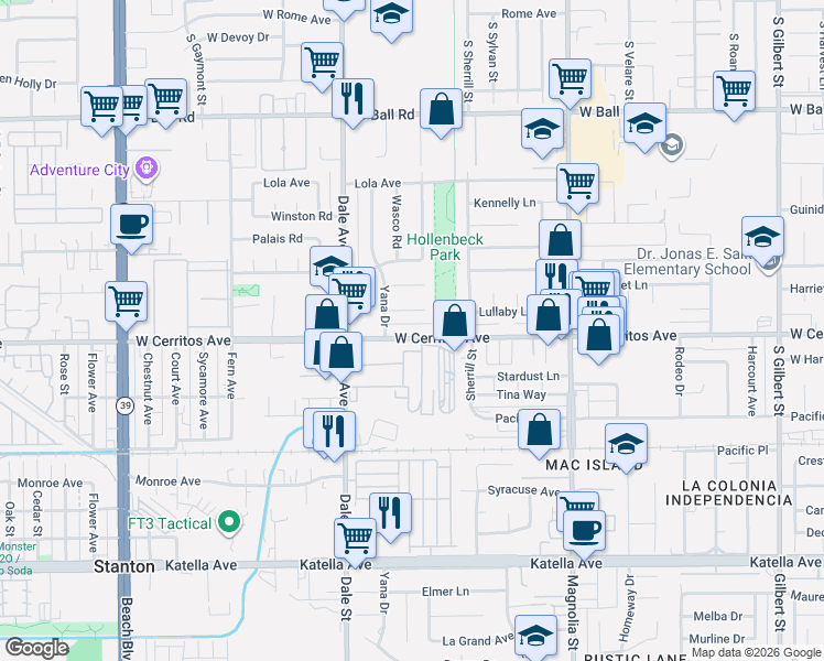 map of restaurants, bars, coffee shops, grocery stores, and more near 8641 Cerritos Avenue in Stanton