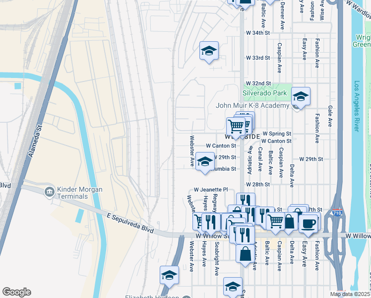 map of restaurants, bars, coffee shops, grocery stores, and more near 2151 West 29th Street in Long Beach