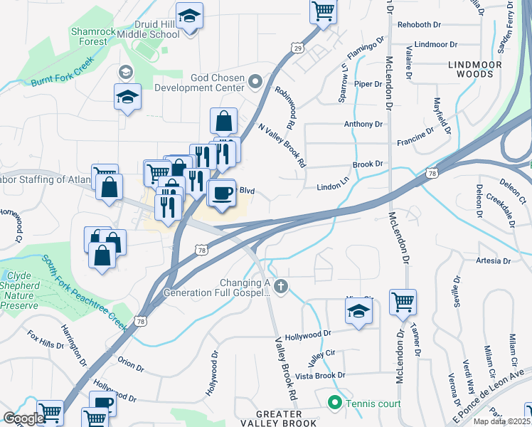 map of restaurants, bars, coffee shops, grocery stores, and more near 2005 Brian Way in Decatur