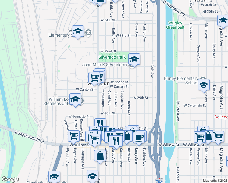 map of restaurants, bars, coffee shops, grocery stores, and more near 2941 Baltic Avenue in Long Beach