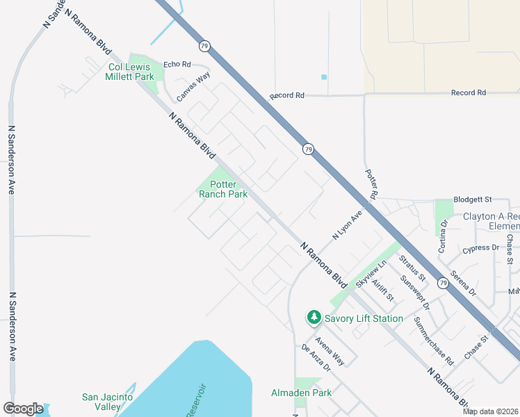 map of restaurants, bars, coffee shops, grocery stores, and more near 1679 Hayloft Place in San Jacinto