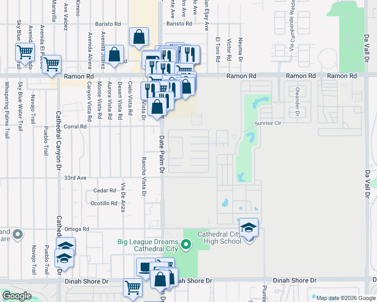 map of restaurants, bars, coffee shops, grocery stores, and more near 1027 Vía Grande in Cathedral City