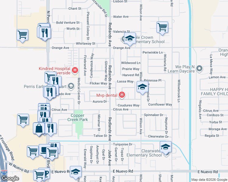 map of restaurants, bars, coffee shops, grocery stores, and more near 2112 Alfalfadale Road in Perris