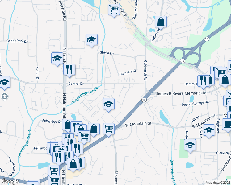 map of restaurants, bars, coffee shops, grocery stores, and more near 4941 Central Drive in Stone Mountain