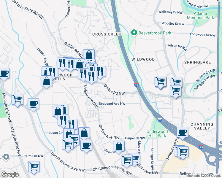 map of restaurants, bars, coffee shops, grocery stores, and more near 1150 Collier Road Northwest in Atlanta