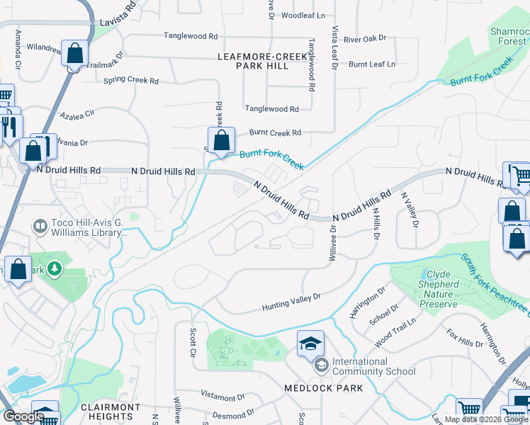 map of restaurants, bars, coffee shops, grocery stores, and more near 3419 North Druid Hills Road Northeast in Decatur