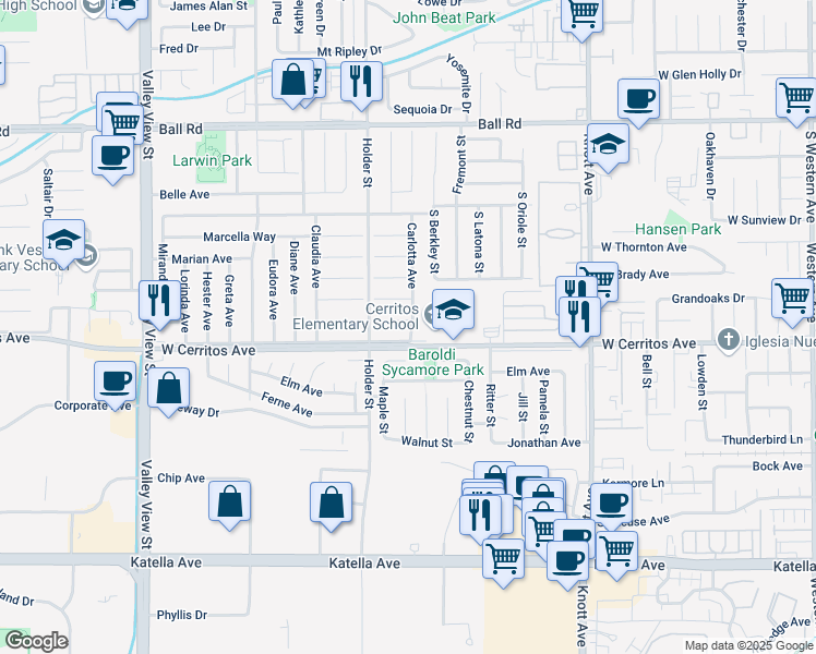 map of restaurants, bars, coffee shops, grocery stores, and more near 6539 West Cerritos Avenue in Buena Park