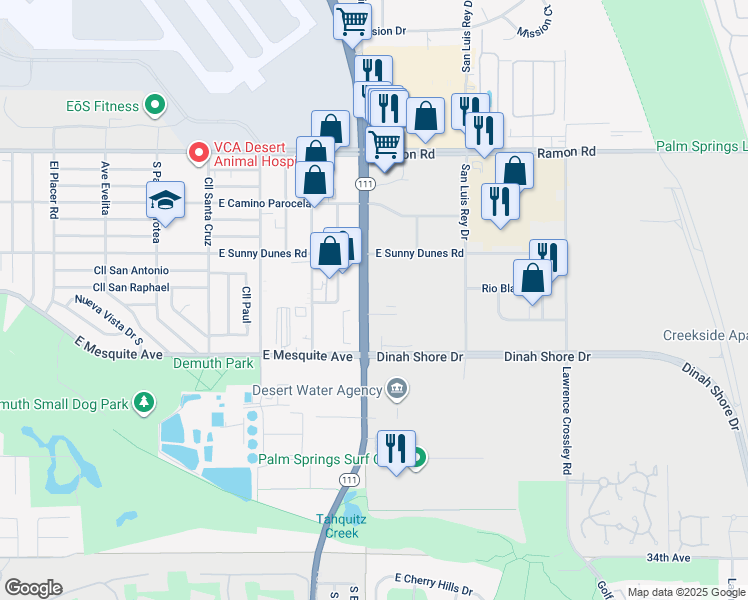 map of restaurants, bars, coffee shops, grocery stores, and more near 5000 Calle San Raphael in Palm Springs