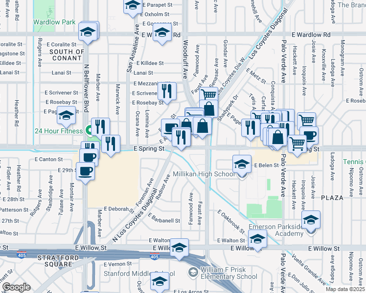 map of restaurants, bars, coffee shops, grocery stores, and more near 5940 East Wentworth Street in Long Beach