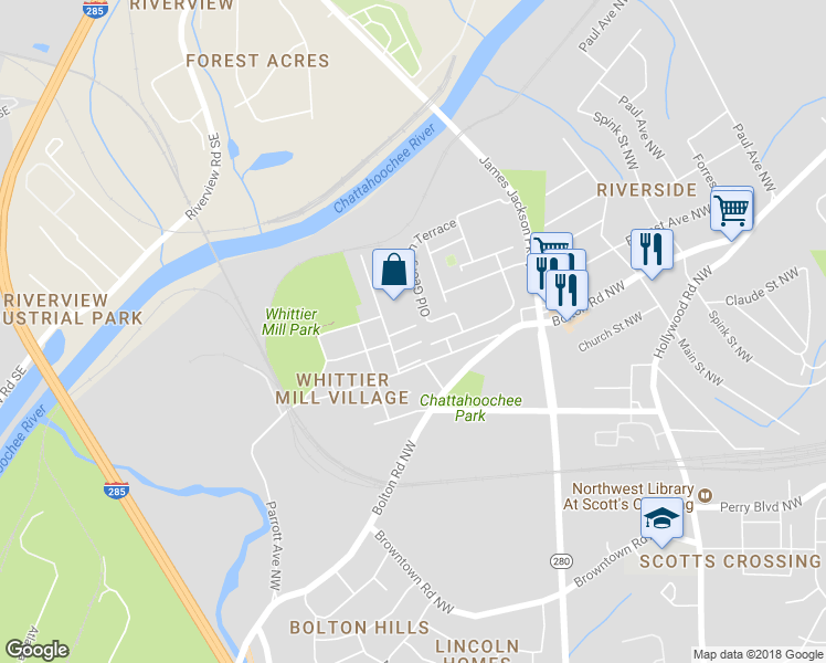 map of restaurants, bars, coffee shops, grocery stores, and more near 2870 Fabin Street Northwest in Atlanta