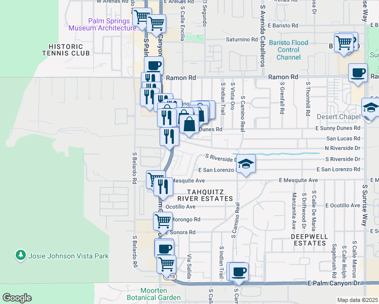 map of restaurants, bars, coffee shops, grocery stores, and more near 438 Huddle Springs Way in Palm Springs