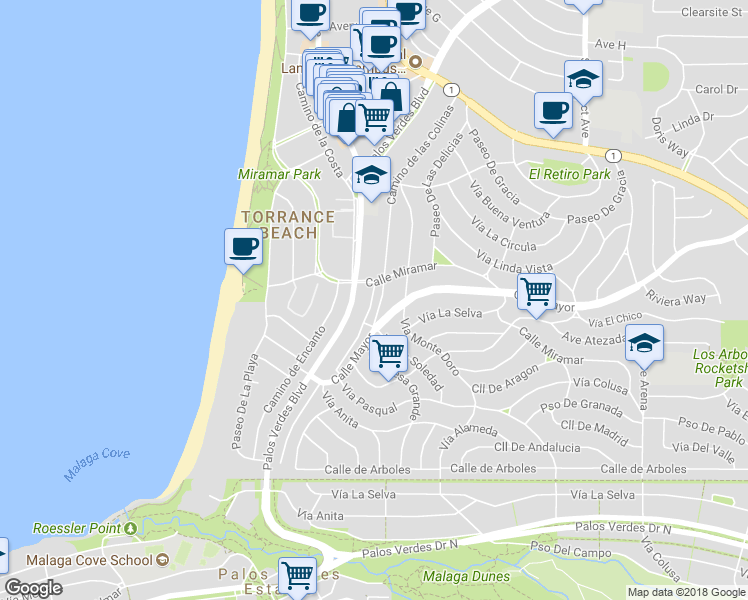 map of restaurants, bars, coffee shops, grocery stores, and more near 419 Camino de las Colinas in Redondo Beach