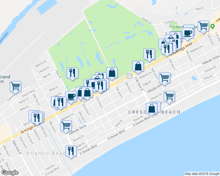 map of restaurants, bars, coffee shops, grocery stores, and more near 2 20th Avenue South in North Myrtle Beach