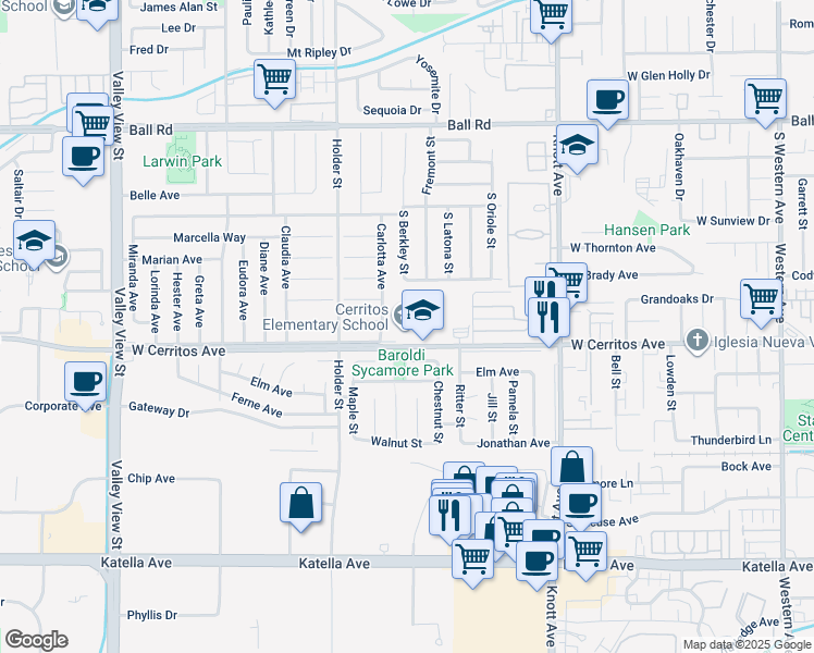 map of restaurants, bars, coffee shops, grocery stores, and more near 3731 West Cerritos Avenue in Anaheim