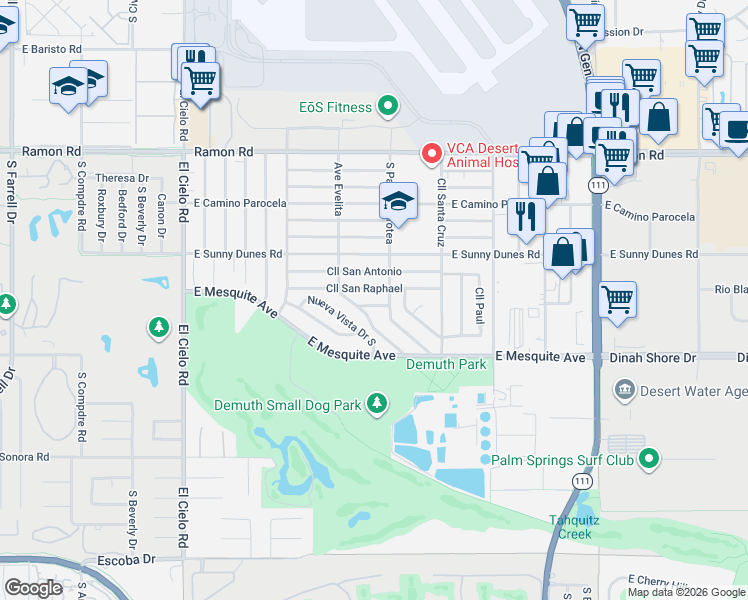 map of restaurants, bars, coffee shops, grocery stores, and more near 915 South Paseo Dorotea in Palm Springs