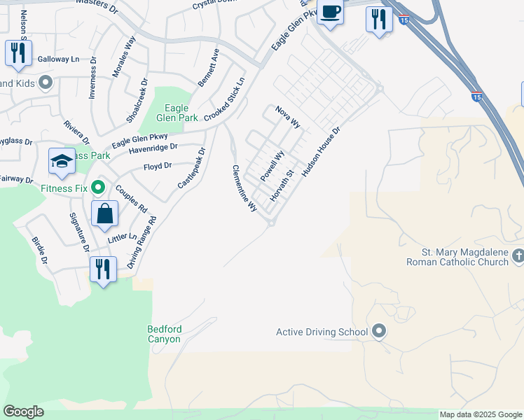 map of restaurants, bars, coffee shops, grocery stores, and more near 2625 Verna Drive in Corona