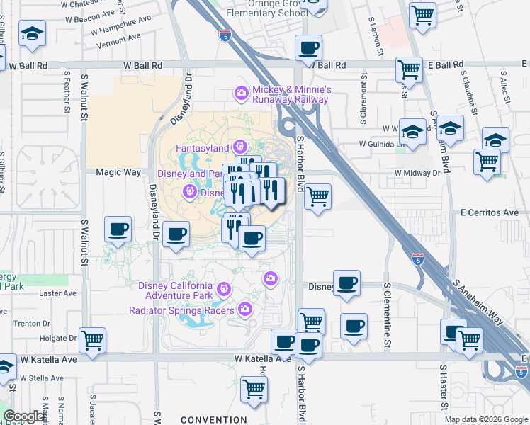 map of restaurants, bars, coffee shops, grocery stores, and more near 1313 Disneyland Railroad in Anaheim