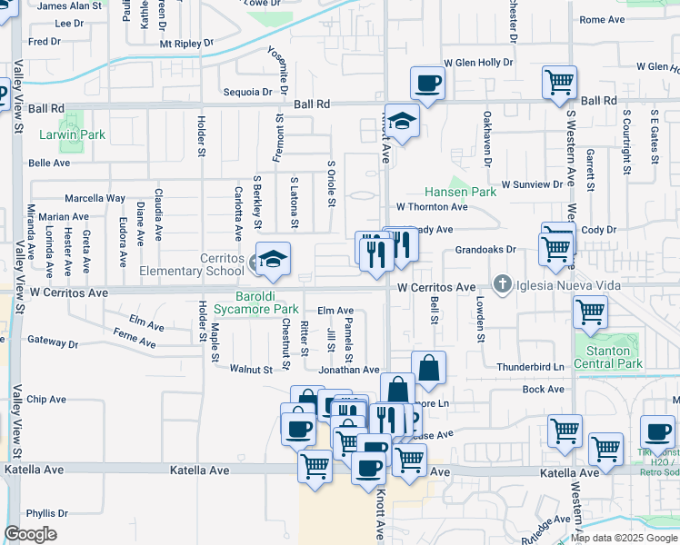 map of restaurants, bars, coffee shops, grocery stores, and more near 6901 West Cerritos Avenue in Cypress