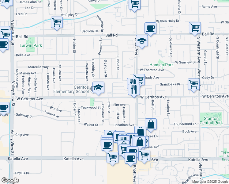 map of restaurants, bars, coffee shops, grocery stores, and more near 3575 West Cerritos Avenue in Anaheim