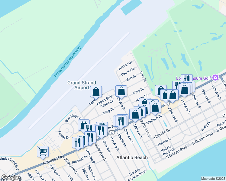 map of restaurants, bars, coffee shops, grocery stores, and more near 1111 28th Avenue South in North Myrtle Beach