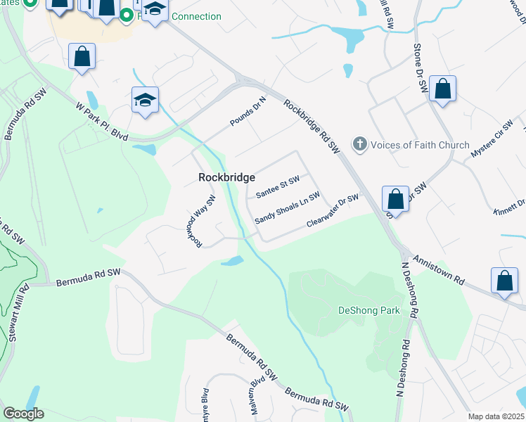 map of restaurants, bars, coffee shops, grocery stores, and more near 5293 Sandy Shoals Lane Southwest in Stone Mountain