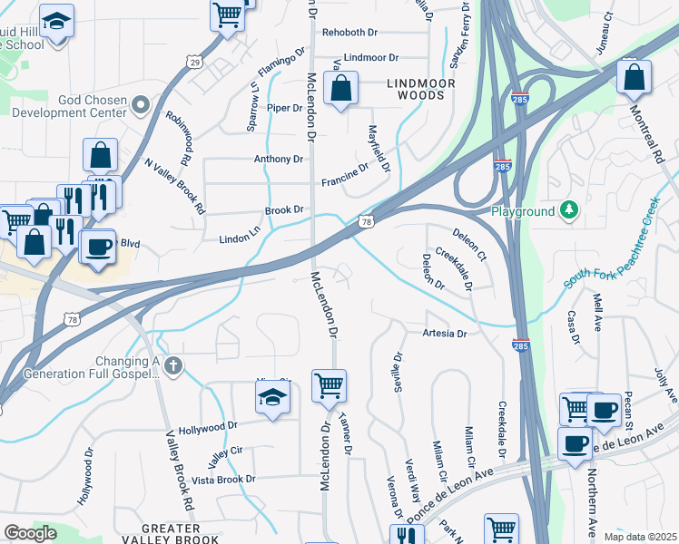 map of restaurants, bars, coffee shops, grocery stores, and more near 1057 McLendon Drive in Decatur