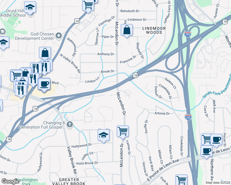 map of restaurants, bars, coffee shops, grocery stores, and more near 3126 Brick Lane in Decatur