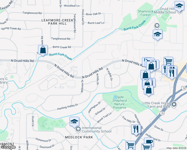 map of restaurants, bars, coffee shops, grocery stores, and more near 2476 Ridgefield Terrace in Decatur