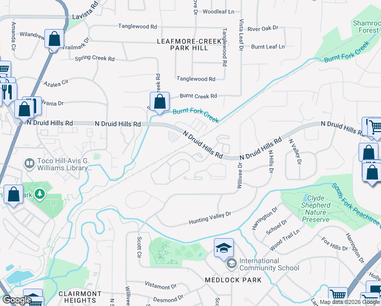 map of restaurants, bars, coffee shops, grocery stores, and more near 3419 North Druid Hills Road Northeast in Decatur